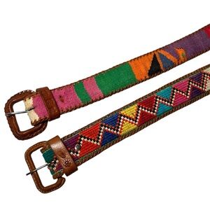 Set of 2 Women's Colorful Woven Brown Leather Belts Sz Medium Stamped Fits 30-32